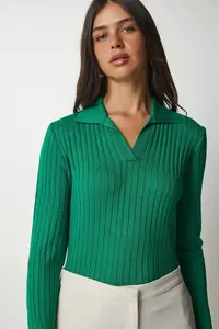 Happiness İstanbul Women Green Polo Shirt Collar Ribbed Knitwear Sweater - Image 3