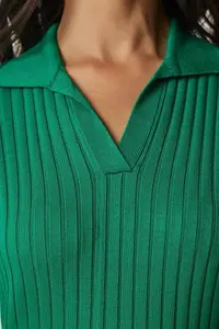 Happiness İstanbul Women Green Polo Shirt Collar Ribbed Knitwear Sweater - Image 4