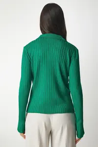 Happiness İstanbul Women Green Polo Shirt Collar Ribbed Knitwear Sweater - Image 5