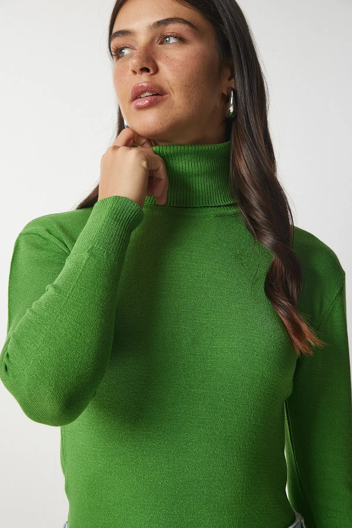 Happiness İstanbul Women's Green Turtleneck Corduroy Knitwear Sweater bv00087