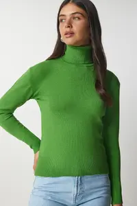 Happiness İstanbul Women's Green Turtleneck Corduroy Knitwear Sweater bv00087 - Image 3