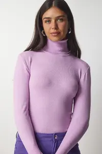 Happiness İstanbul Women's Lilac Turtleneck Corduroy Knitwear Sweater bv00087 - Image 2