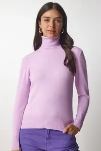 Happiness İstanbul Women's Lilac Turtleneck Corduroy Knitwear Sweater bv00087 - Image 3
