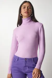 Happiness İstanbul Women's Lilac Turtleneck Corduroy Knitwear Sweater bv00087 - Image 4