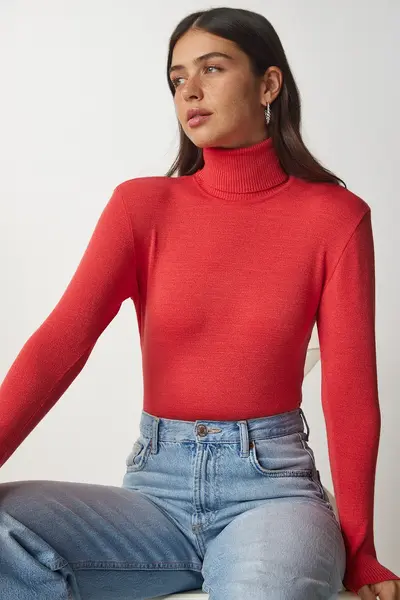 Happiness İstanbul Women's Orange Turtleneck Corduroy Knitwear Sweater bv00087