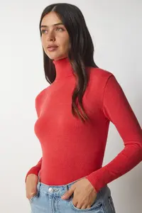 Happiness İstanbul Women's Orange Turtleneck Corduroy Knitwear Sweater bv00087 - Image 2