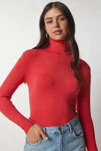 Happiness İstanbul Women's Orange Turtleneck Corduroy Knitwear Sweater bv00087 - Image 3