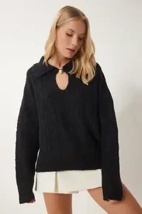Happiness İstanbul Women's Black Pearl Buttoned Motif Knitwear Sweater