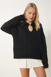 Happiness İstanbul Women's Black Pearl Buttoned Motif Knitwear Sweater - Image 2