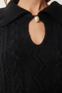 Happiness İstanbul Women's Black Pearl Buttoned Motif Knitwear Sweater - Image 3