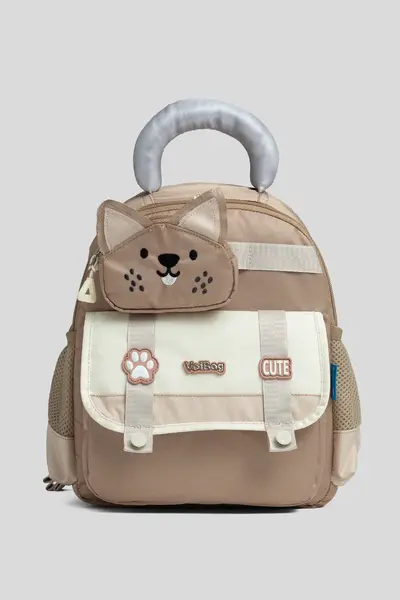 VEIBAG 3-Compartment Kindergarten Bag with Cat Detail - Water Bottle Pocket and Comfortable Design - Mink