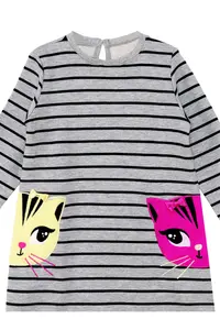 Denokids Gray Twin Cat Pocket Long Sleeve Striped Girl's Dress - Image 5