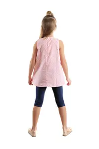 Denokids Rabbit Appliqued Girl's Pink Navy Blue Summer T-shirt Tunic Tights Set - Image 2