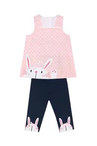 Denokids Rabbit Appliqued Girl's Pink Navy Blue Summer T-shirt Tunic Tights Set - Image 3