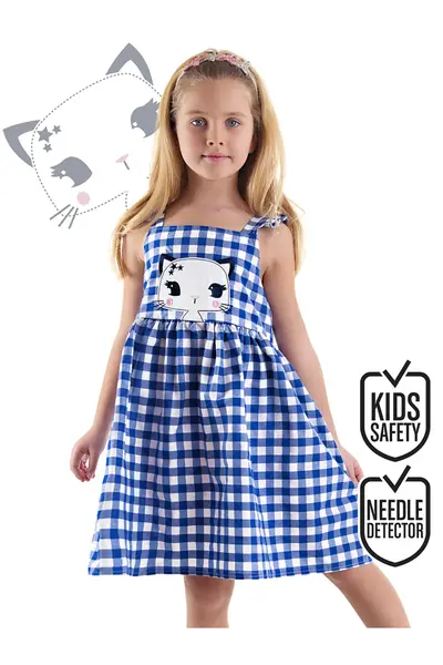 Denokids Navy Blue Star Cat Girl's Plaid Summer Strap Dress
