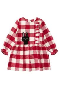 Denokids Black Rabbit Red Plaid Girl's Dress with Elastic Sleeves - Image 3