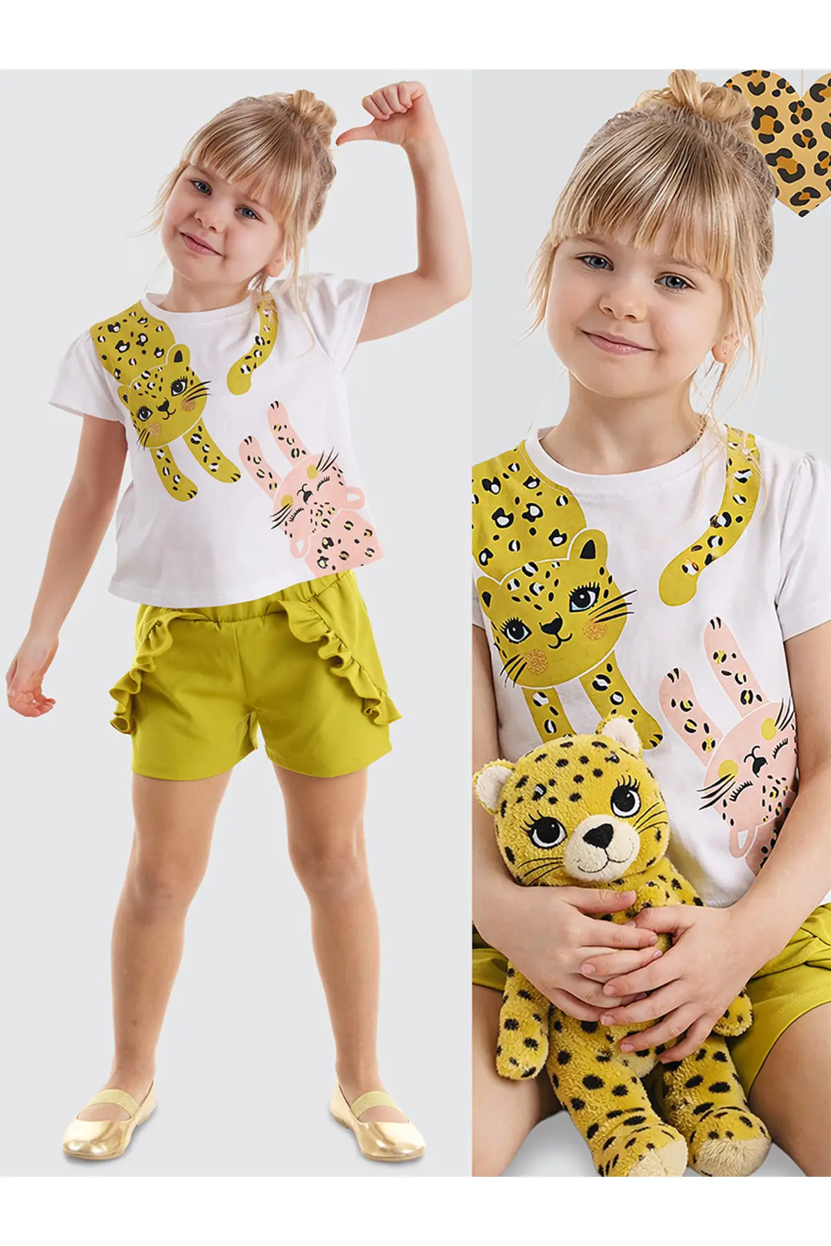 Denokids Mischievous Cats Frilly Girl's Summer T-shirt Shorts Set