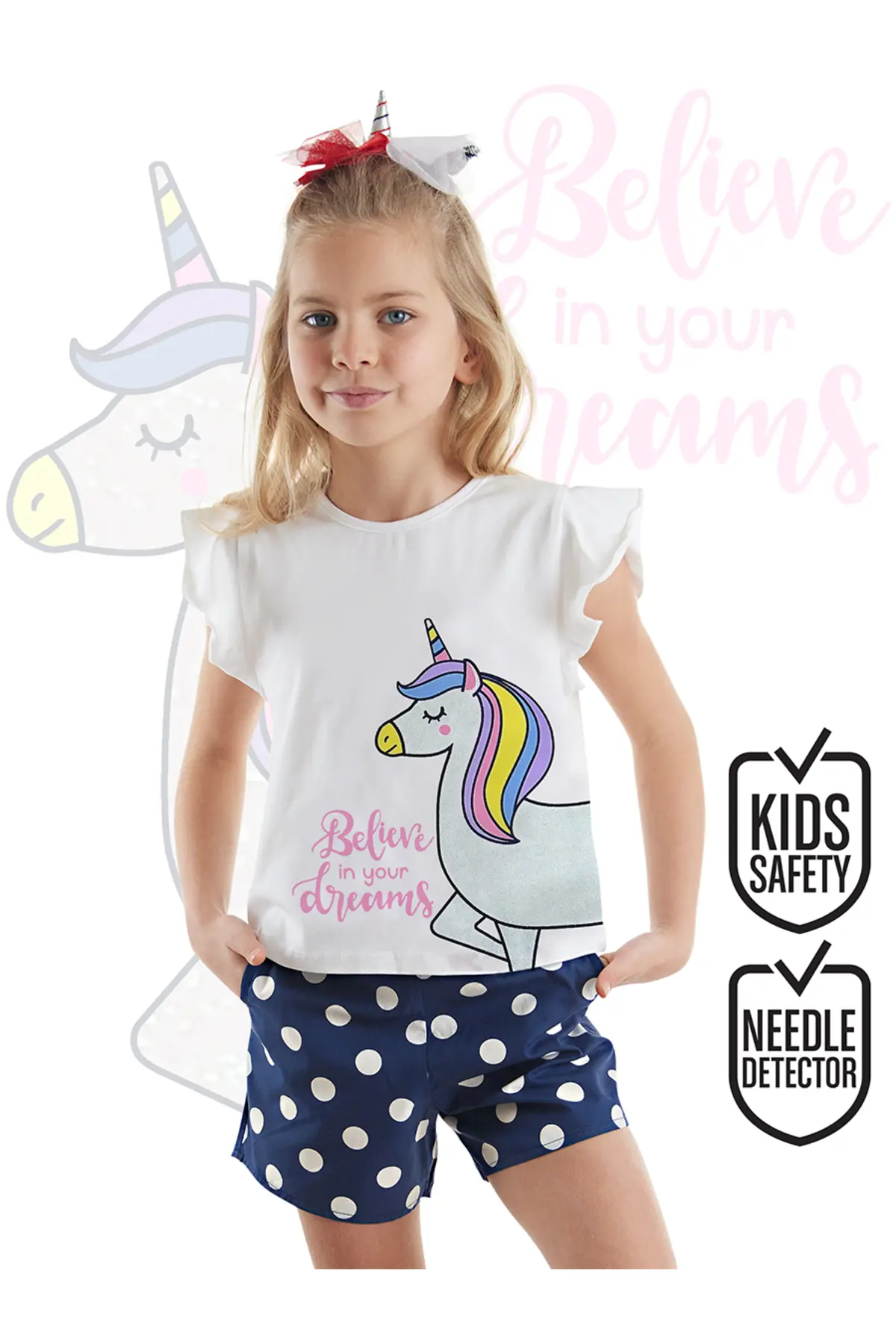 Denokids Polka Dot Unicorn Girl's Summer T-Shirt Poplin Shorts Set