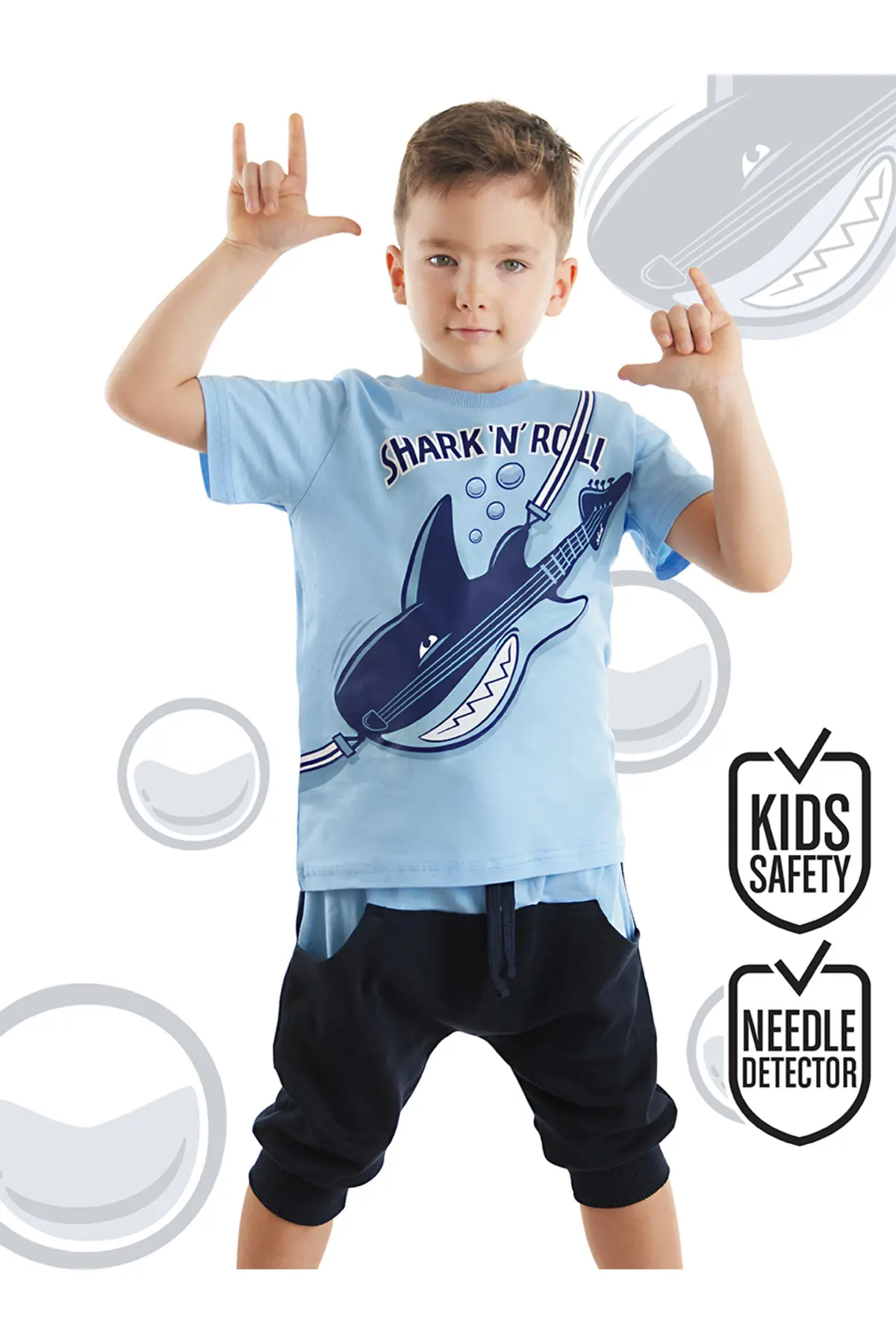 Denokids Shark'n Roll Boy's Summer T-shirt Capri Shorts Set