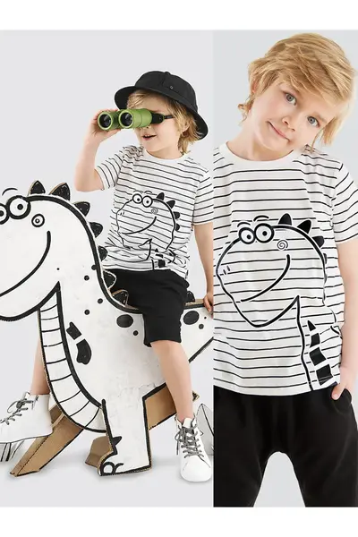 Denokids Cute Dino Striped Boy's Summer T-shirt Capri Shorts Set