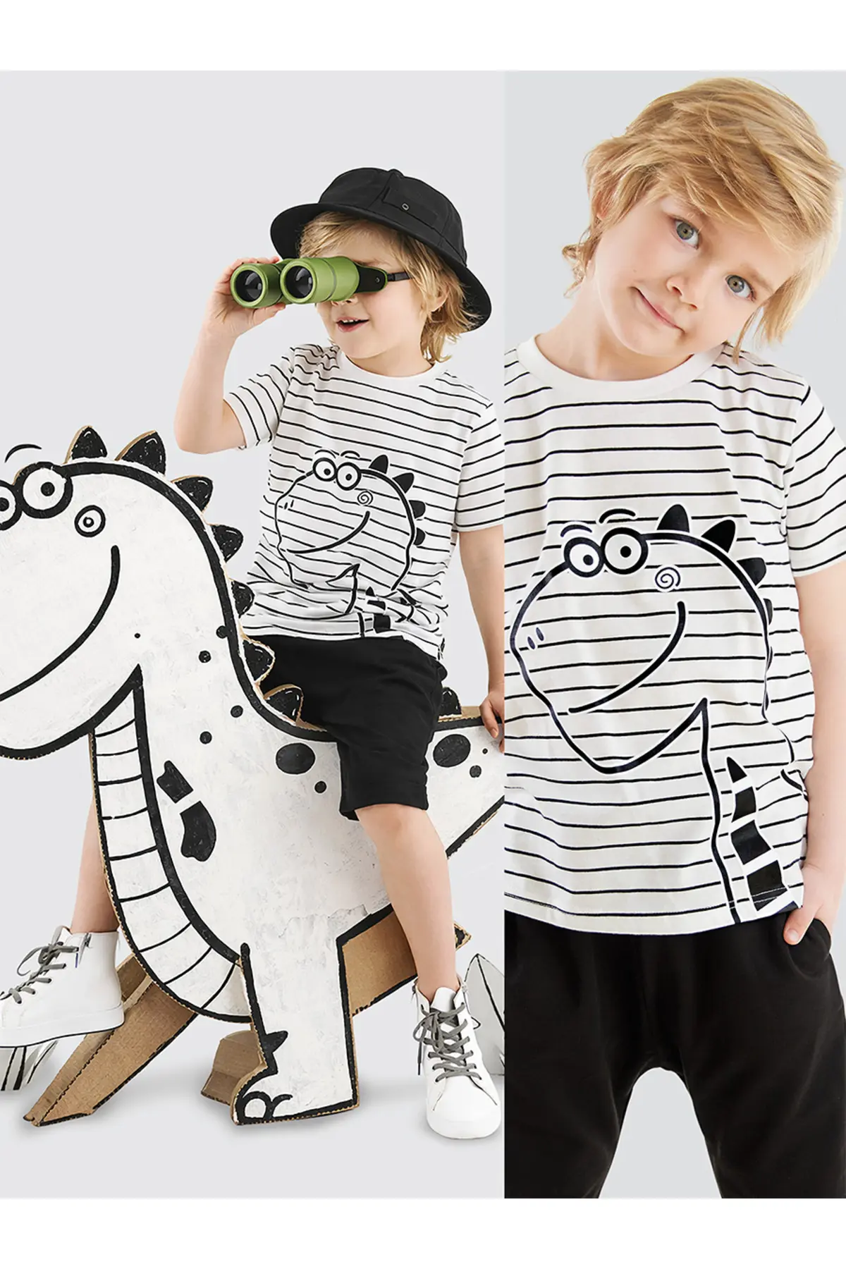 Denokids Cute Dino Striped Boy's Summer T-shirt Capri Shorts Set
