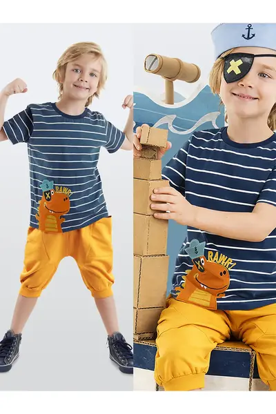 Denokids Striped Sailor Dino Boy's Summer T-shirt Capri Shorts Set