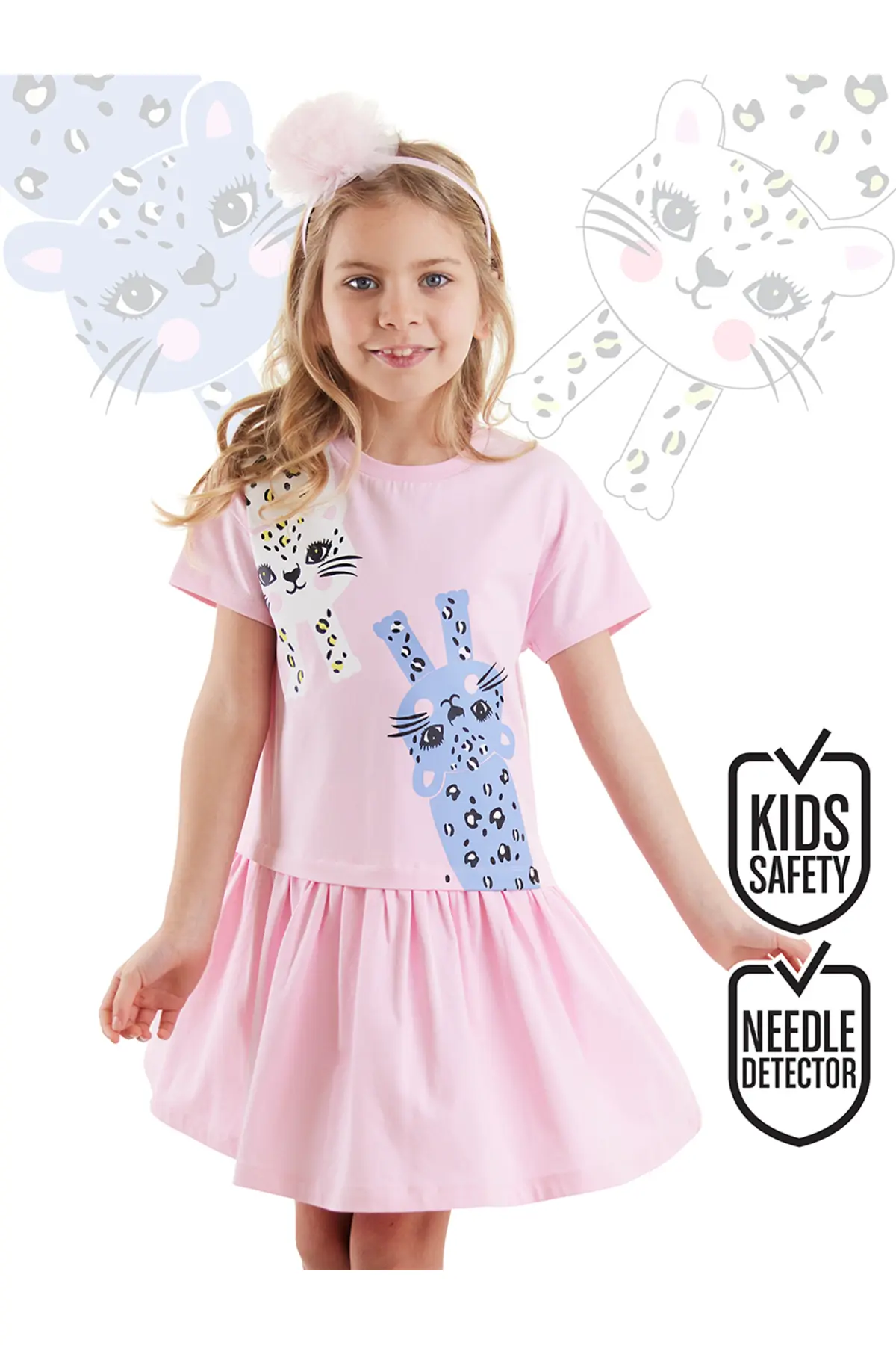 Denokids Girl's Pink Summer Combed Cotton Dress with Gathered Leopard Skirt