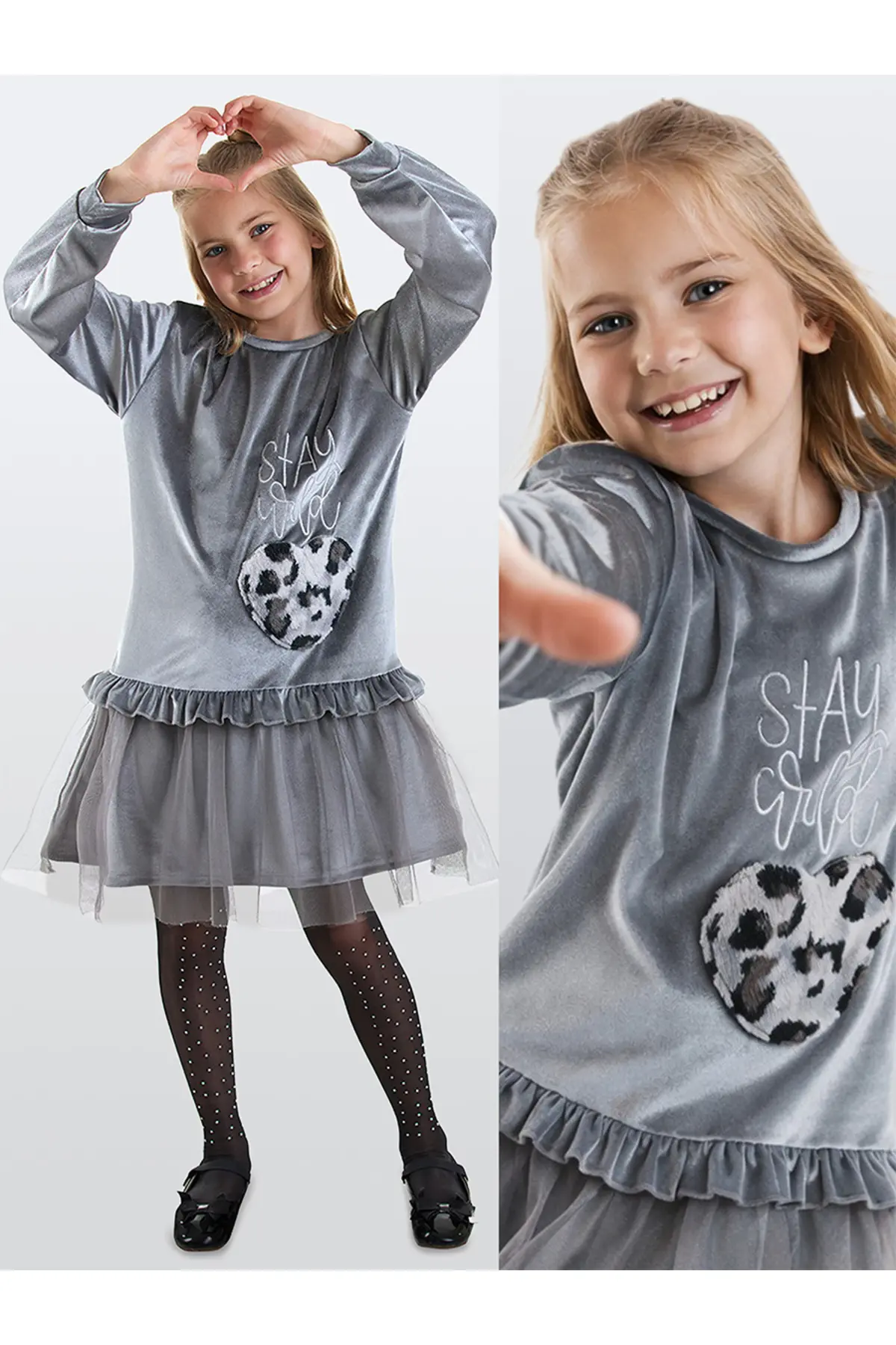 Denokids Leopard with pocket Girls' Gray Velvet Dress