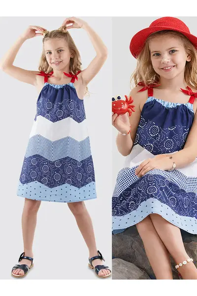 Denokids Navy Blue WHITE Patterned Poplin Girls' Dress