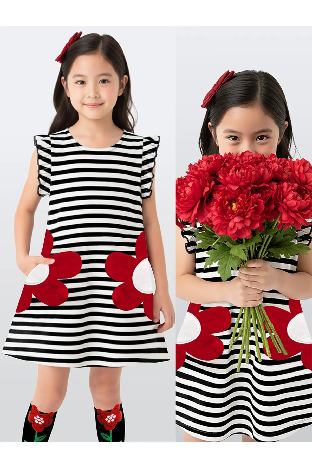 Denokids Girl's Floral Dress Black and White Striped Spring Summer Season 3-6 Years