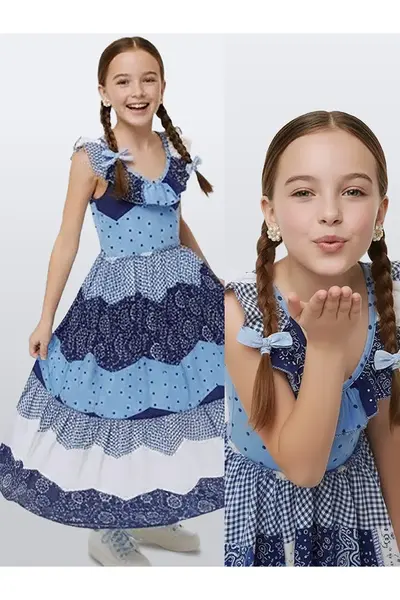 Denokids Girl's Festive Long Dress 100% Cotton Poplin Navy Blue White Spring Summer Season 5-10 Years