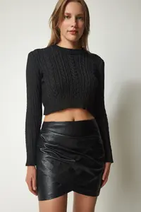 Happiness İstanbul Women's Black Crew Neck Knitted Motif Crop Knitwear Sweater - Image 2