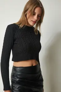 Happiness İstanbul Women's Black Crew Neck Knitted Motif Crop Knitwear Sweater - Image 3
