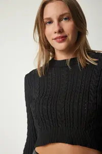 Happiness İstanbul Women's Black Crew Neck Knitted Motif Crop Knitwear Sweater - Image 4