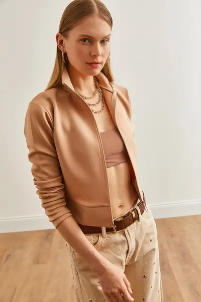 Olalook Women Beige Zippered Scuba Jacket