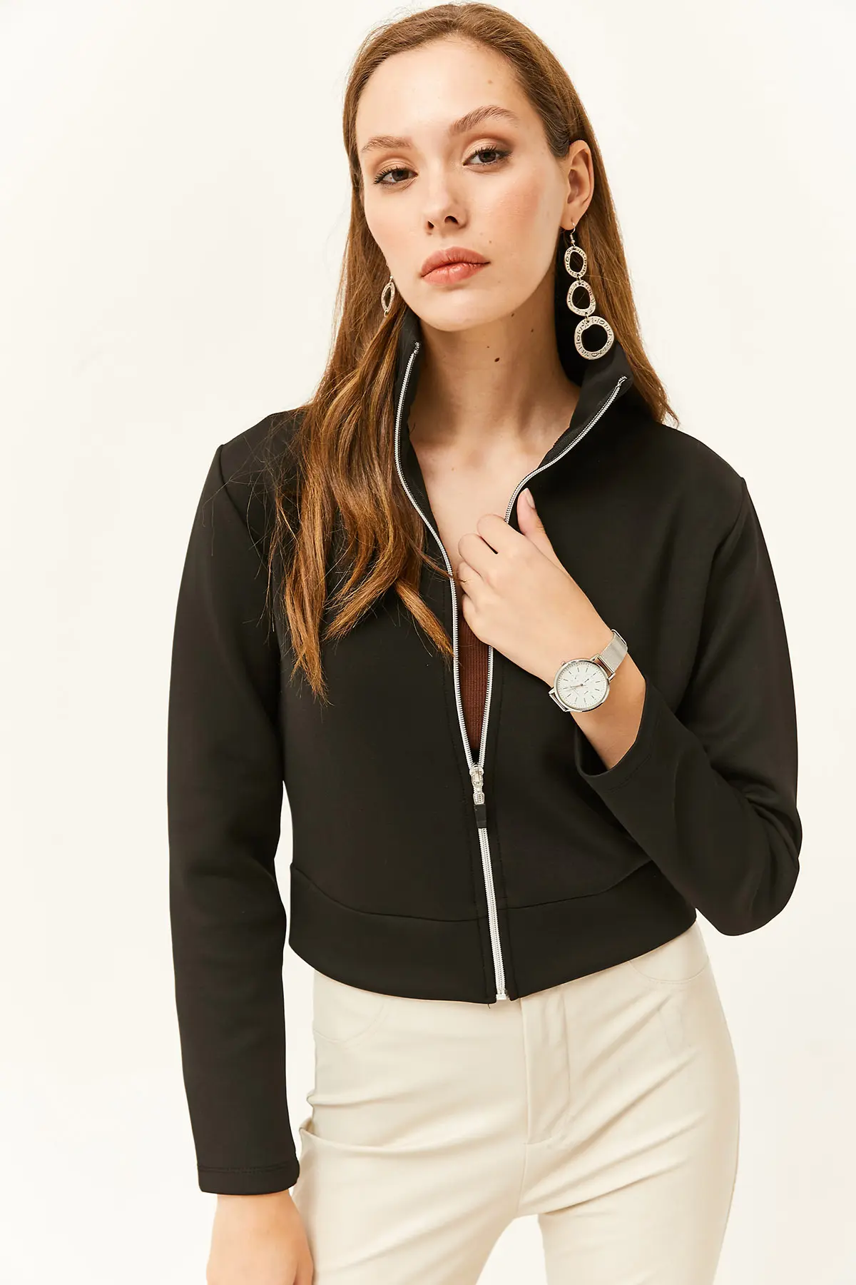 Olalook Women Black Zippered Scuba Jacket
