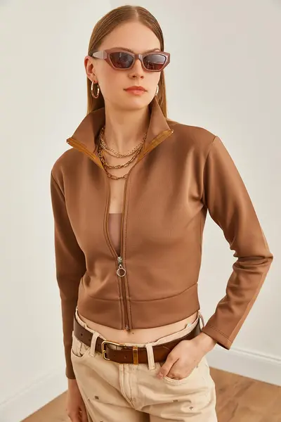 Olalook Women's Brown Zippered Scuba Jacket