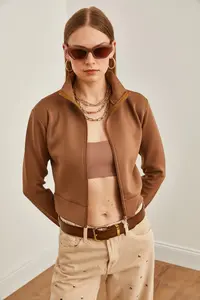 Olalook Women's Brown Zippered Scuba Jacket - Image 3