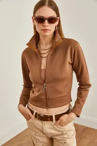 Olalook Women's Brown Zippered Scuba Jacket - Image 4