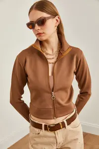 Olalook Women's Brown Zippered Scuba Jacket - Image 5