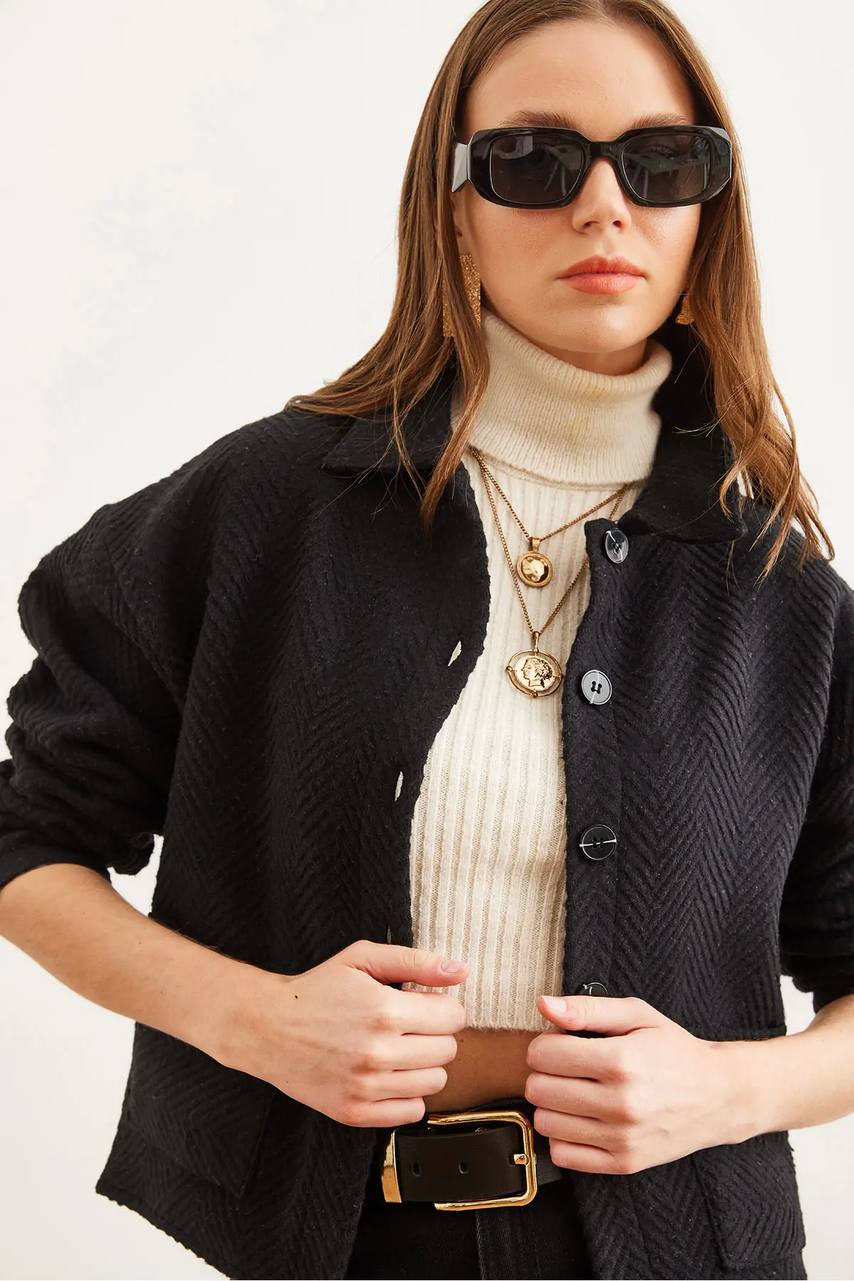 Olalook Women's Black Double Pocket Stamped Unlined Jacket