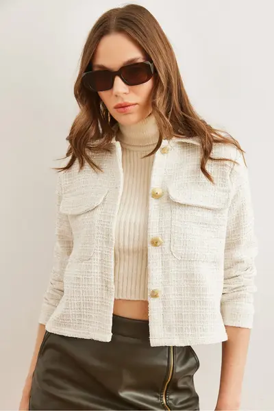 Olalook Women's Ecru Pocket Buttoned Glitter Detailed Tweed Jacket