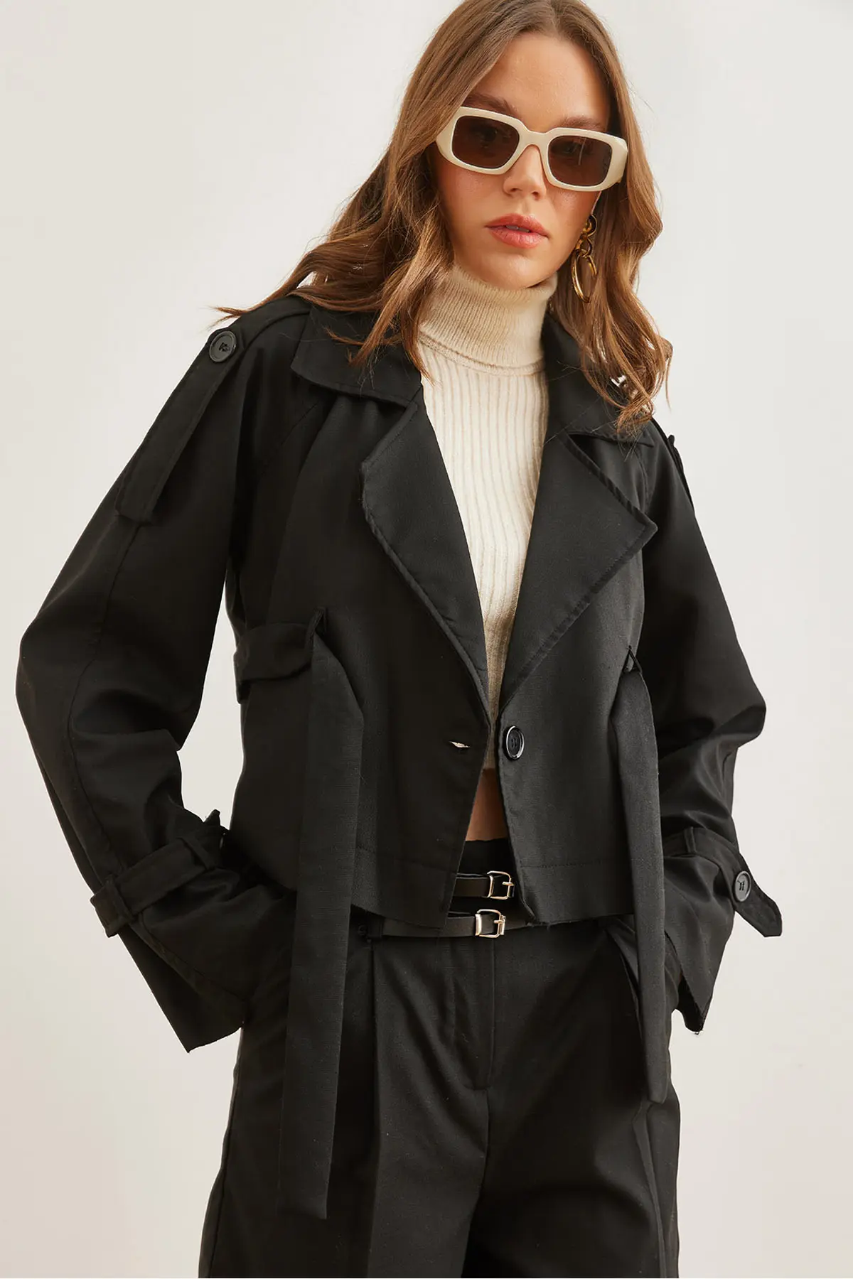 Olalook Women's Black Lined Crop Jacket with Belt Detail