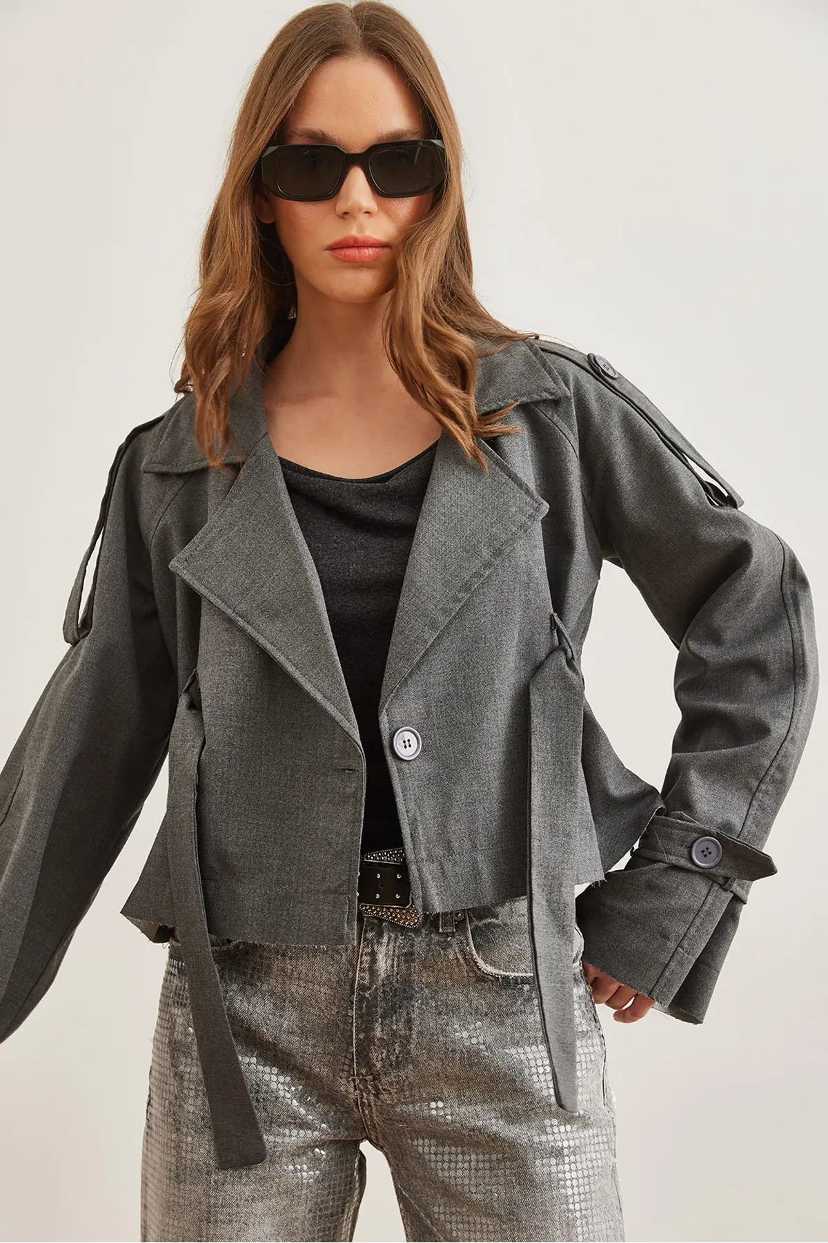 Olalook Women's Smoked Lined Crop Jacket with Belt Detail