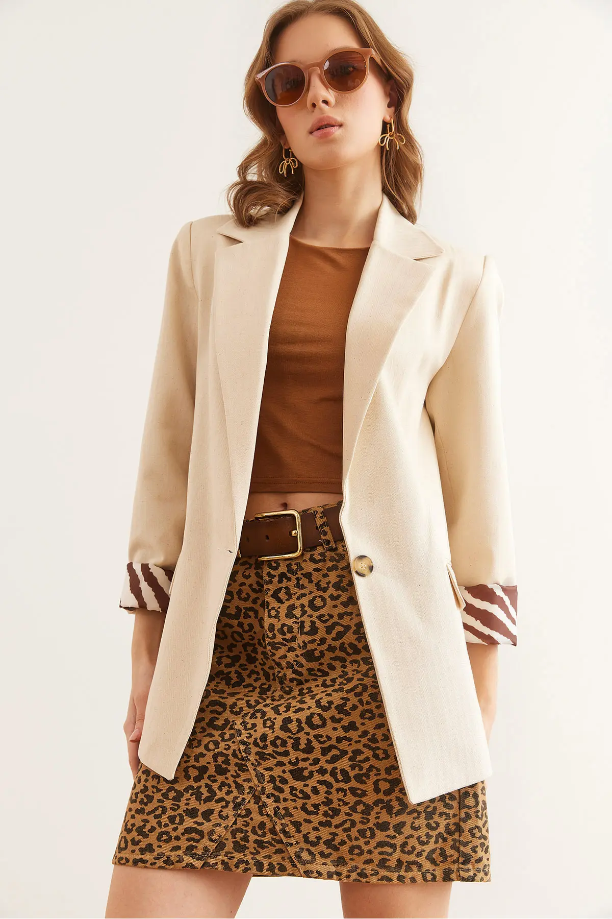 Olalook Women's Stone Leopard Detailed Fleece Pocket Lined Premium Linen Jacket
