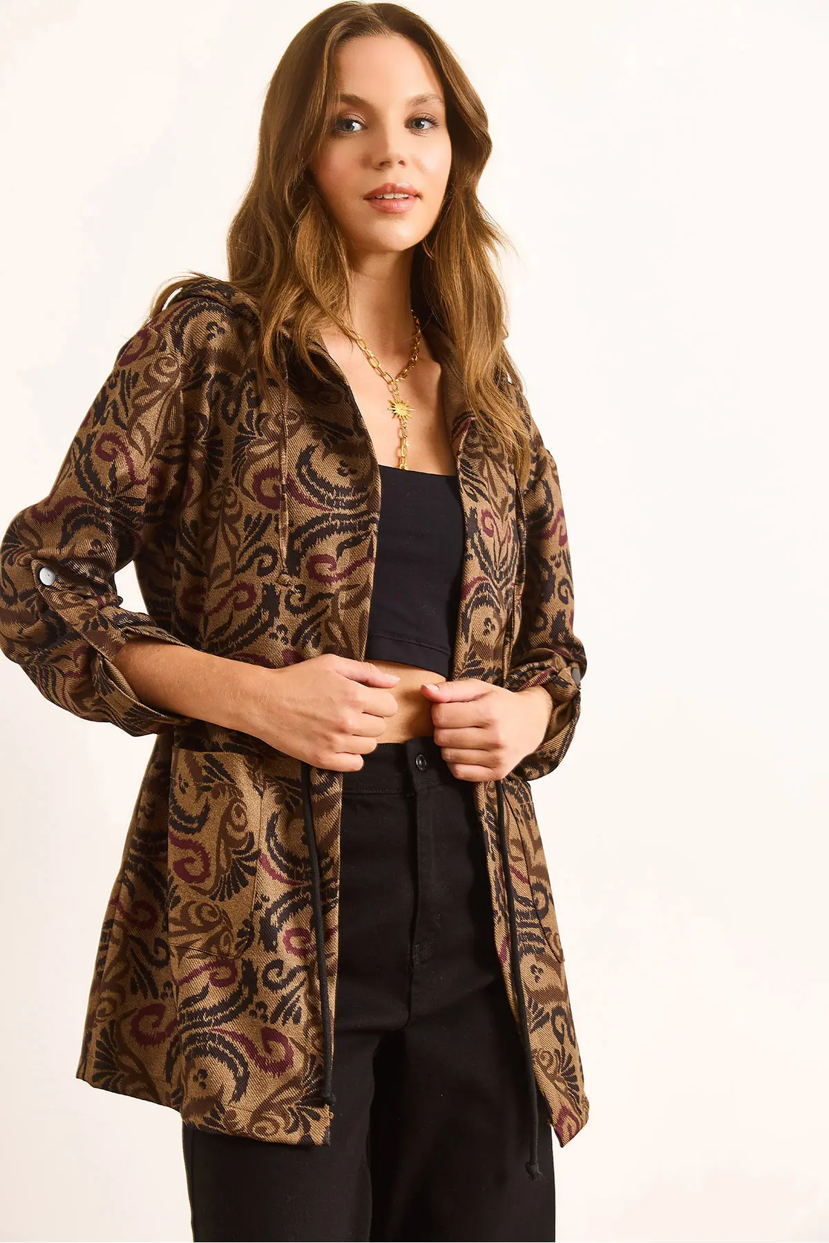 Olalook Women's Camel Pocket Sleeve Folding Detailed Hooded Wool Effect Jacket