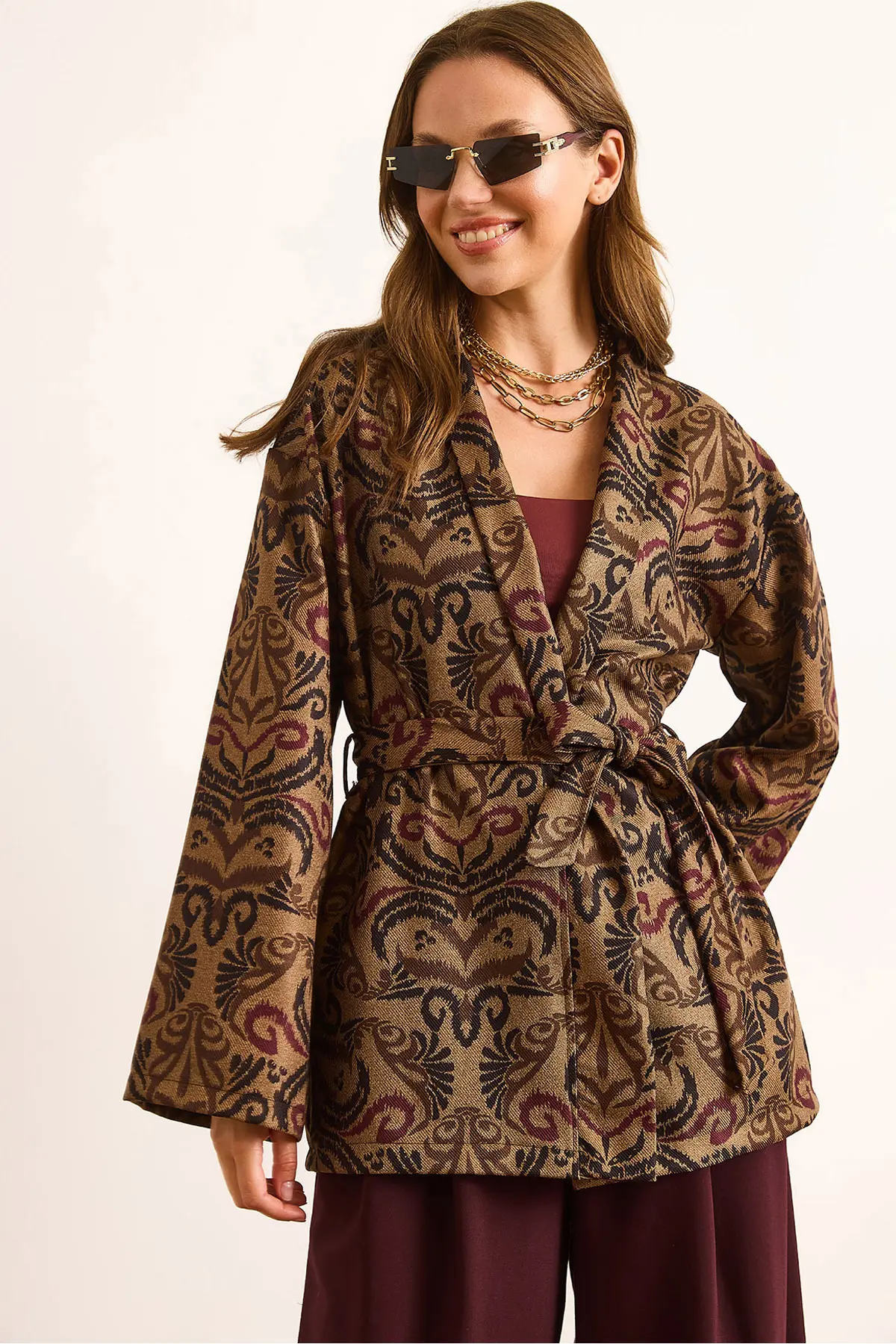 Olalook Women's Camel Belted Ethnic Pattern Wool Effect Jacket