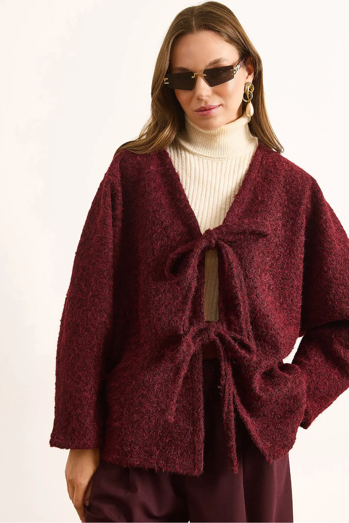 Olalook Women's Burgundy Lined Lace Detailed Wrapped Cashew Jacket
