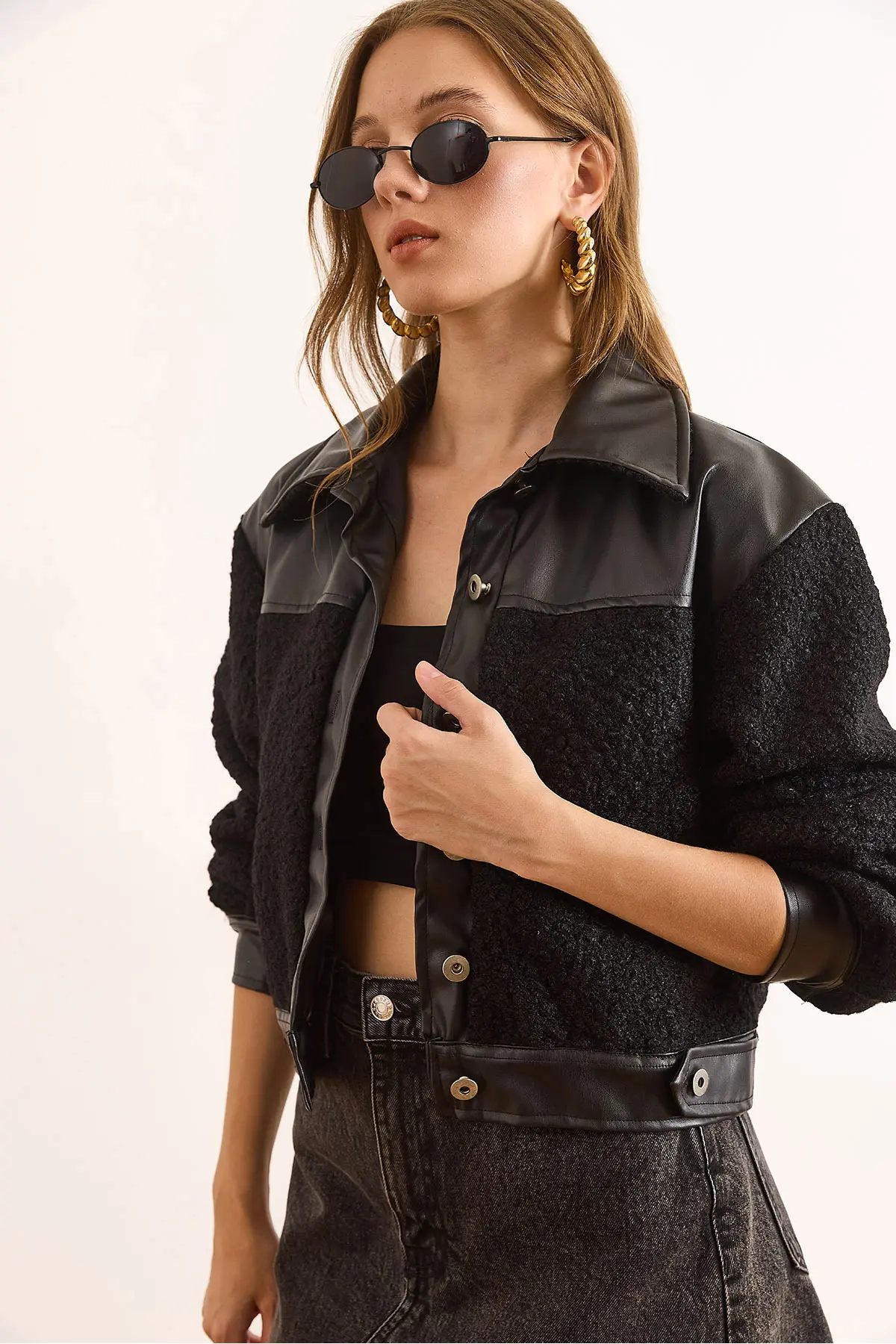 Olalook Women's Black Faux Leather Lined Boucle Jacket