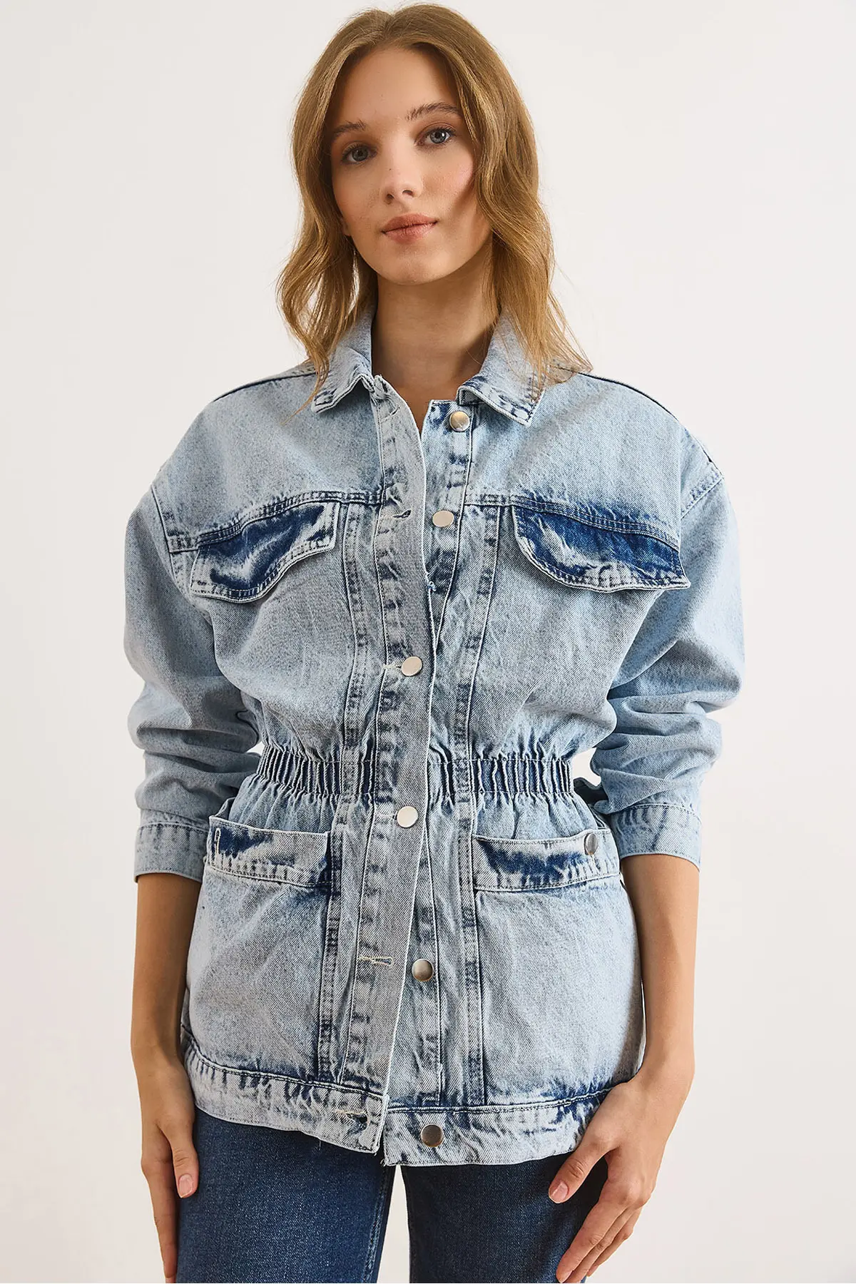 Olalook Women's Light Blue 4 Pocket Waist Waist Long Denim Jacket
